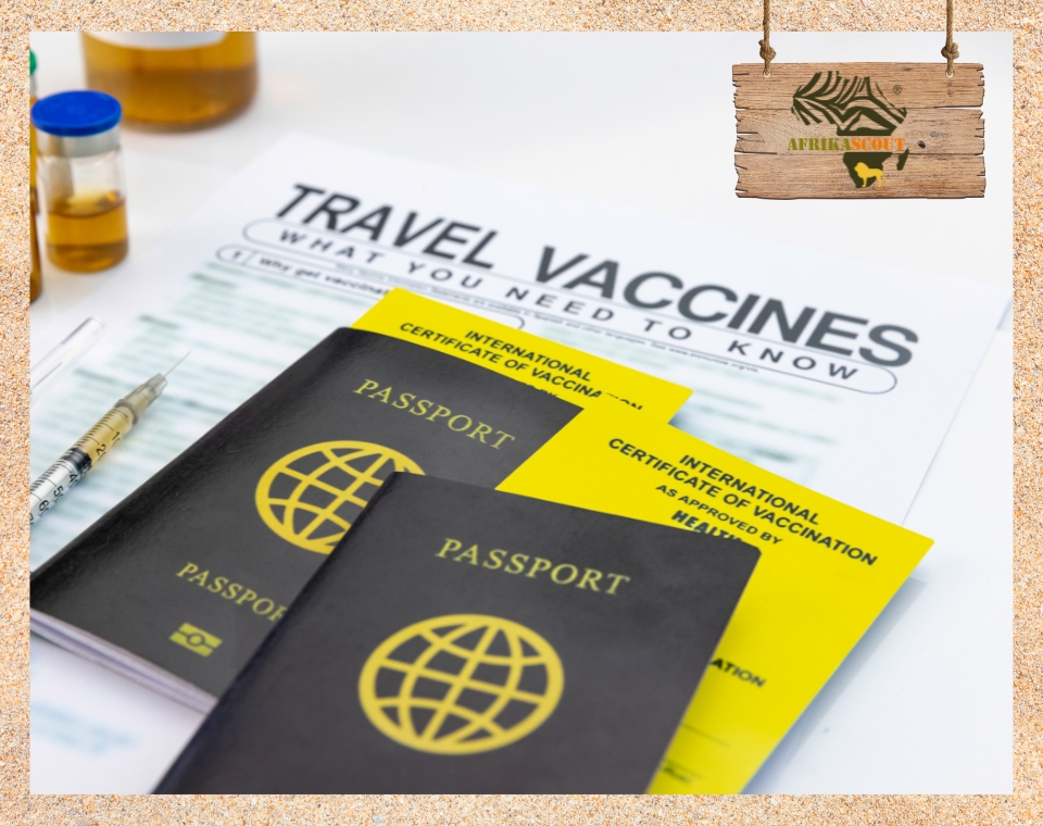 Reisepässe und internationale Impfausweise mit Gelbfieberbescheinigung neben einer Spritze und Reiseinformationsblatt – Symbolbild zur Impfpflicht bei Einreise nach Tansania