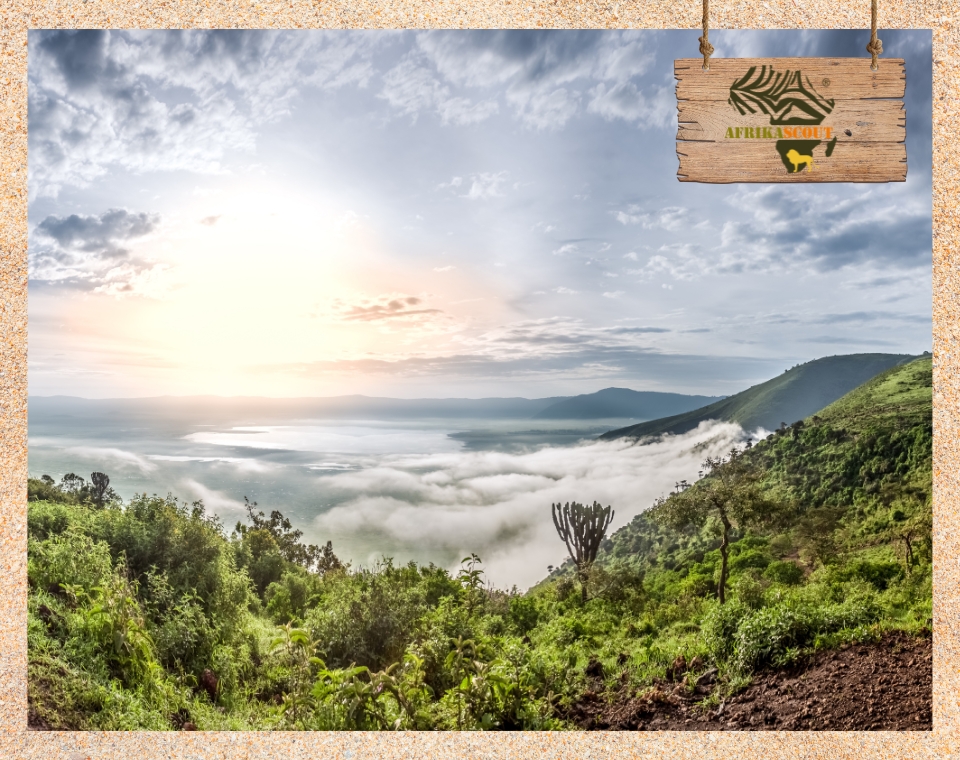 Panoramablick auf den Ngorongoro-Krater bei Sonnenaufgang mit Nebelschwaden, grüner Vegetation und weitem Blick über die Caldera – UNESCO-Weltnaturerbe in Tansania